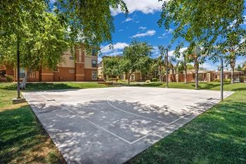 A basketball court is surrounded by grass and trees.